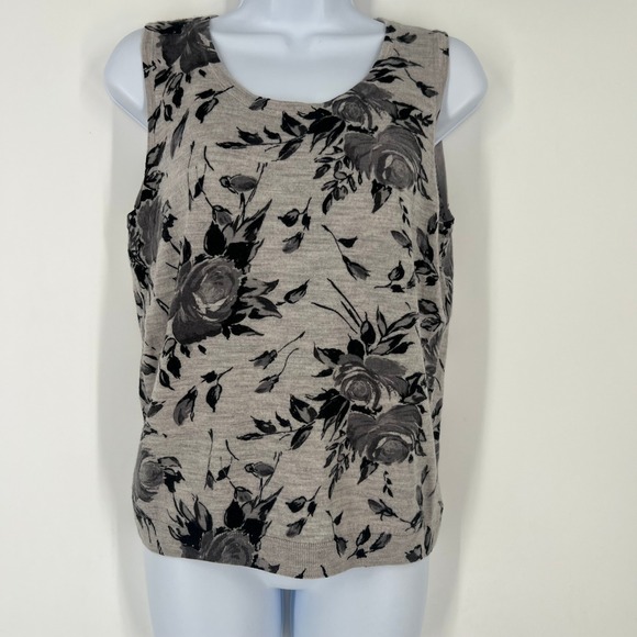Talbots Women L Gray Black Pure Merino Wool Floral Rose Knit Tank Top Shell - Picture 1 of 7